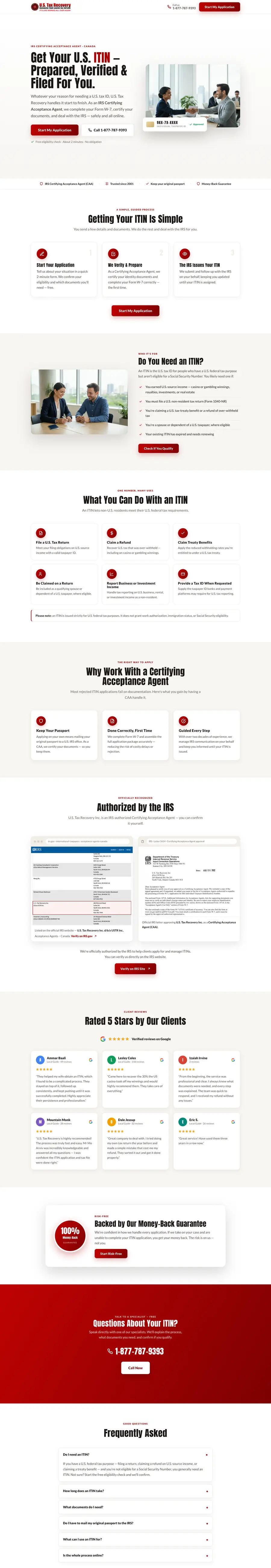 The itin.ustaxrecovery.com homepage, top to bottom